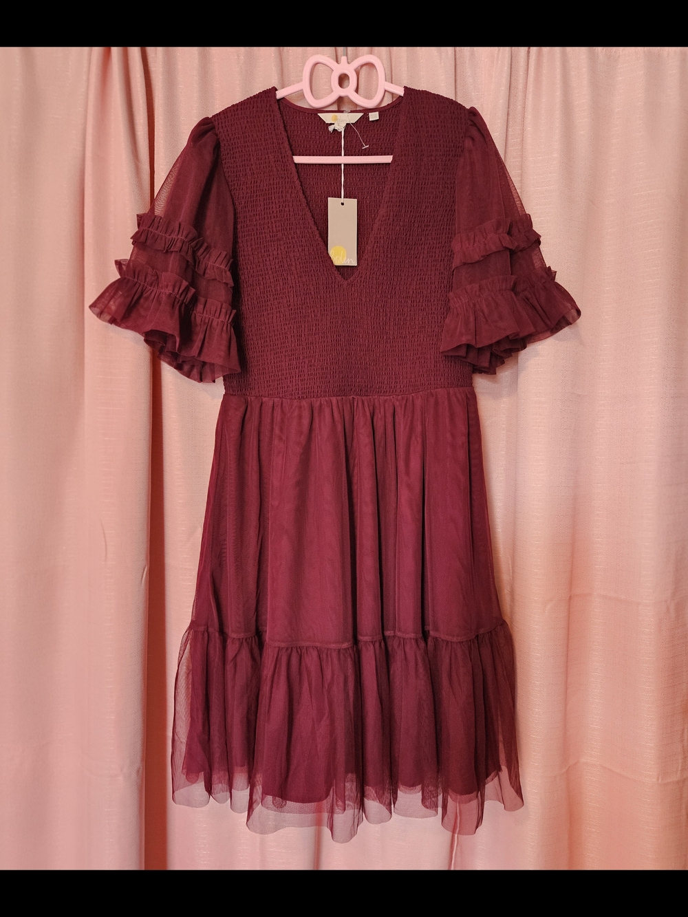 Boden Tulle Burgundy Smocked Mini Babydoll Party Dress - Picture 2 of 9